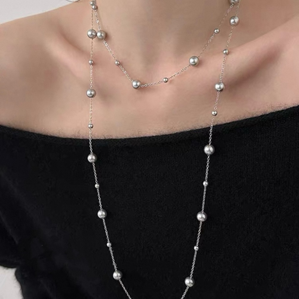 Silver Beaded Long Layered Necklace